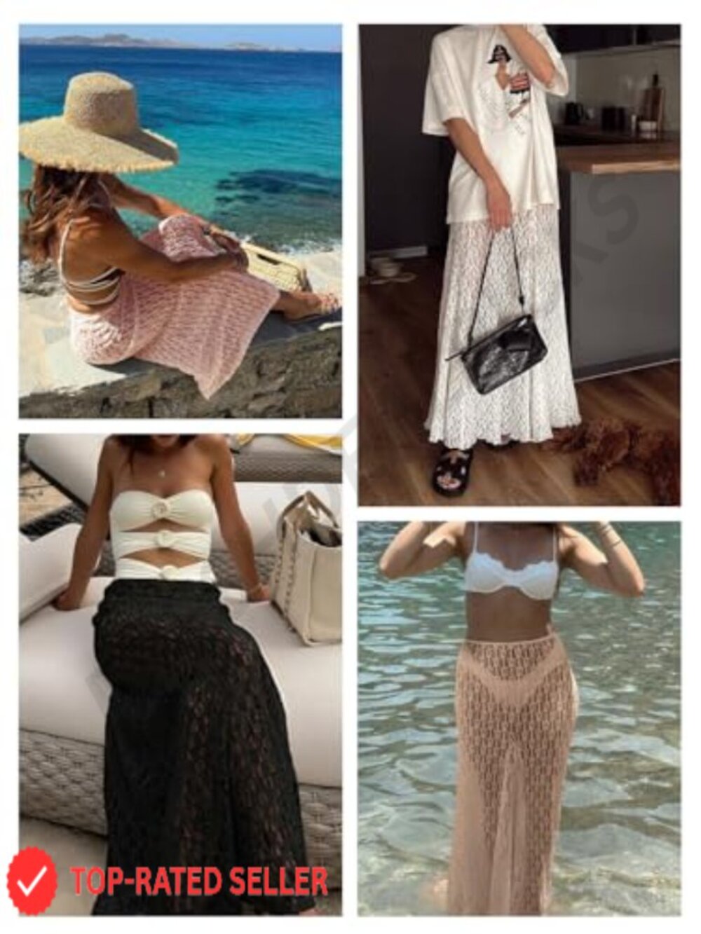 Sheer Lace Maxi Skirt High Waist A-Line Flowy Y2K Beach Cover Up Casual Long - Picture 6 of 7